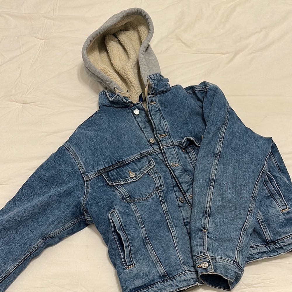 Divided Blue and Gray Jean Jacket with Fleece Hood